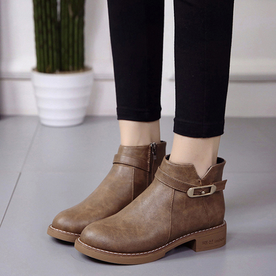 2017秋季韓版新款圓頭潮粗跟短靴側(cè)拉鏈馬丁靴女皮帶扣短筒靴子 東材馬丁靴型號【價格 圖片 品牌 報價】-蘇寧易購力盾服飾鞋帽專營店